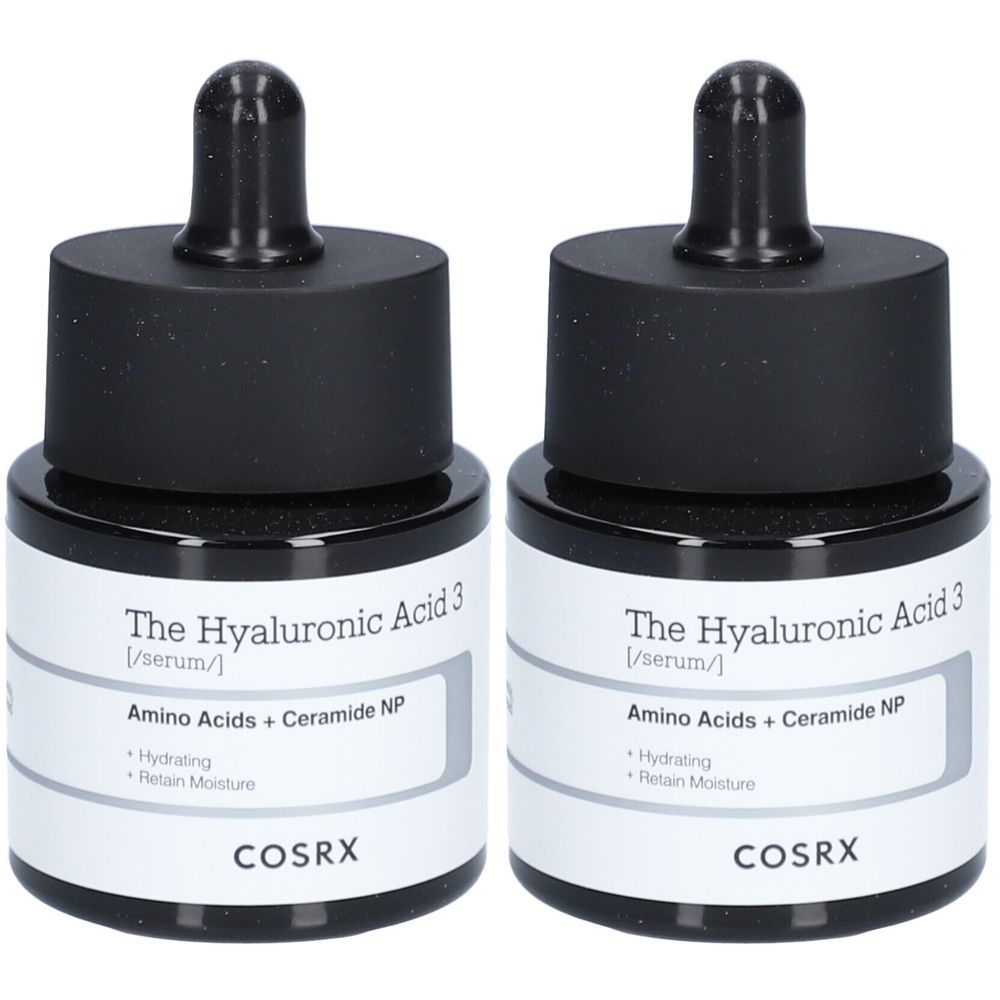 Deux flacons de sérum avec bouchon noir et pipette. Inscription : The Hyaluronic Acid 3, Amino Acids + Ceramide NP, COSRX.
