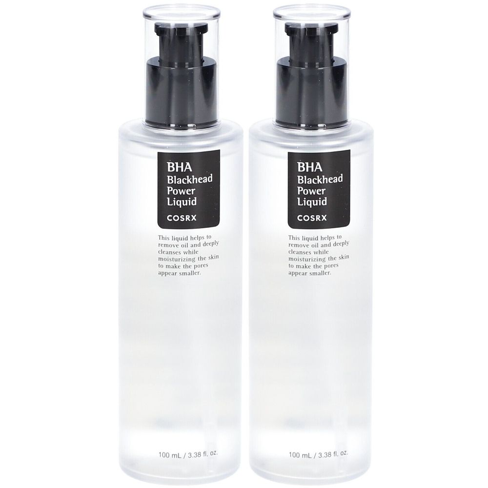 Deux flacons avec pompe noire. L'étiquette indique "BHA Blackhead Power Liquid" et "COSRX".