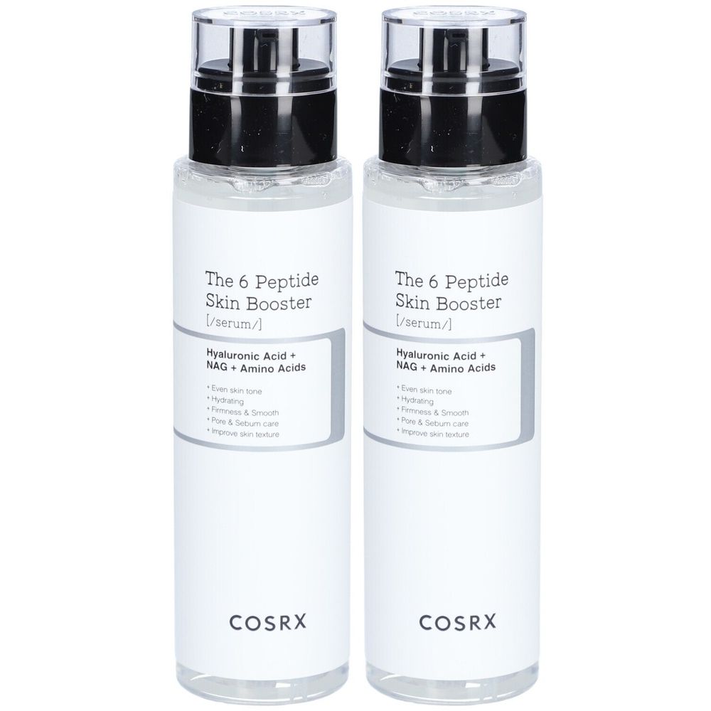 Deux flacons de sérum. Inscription : The 6 Peptide Skin Booster. Contient de l'acide hyaluronique, NAG et acides aminés. Marque : COSRX.