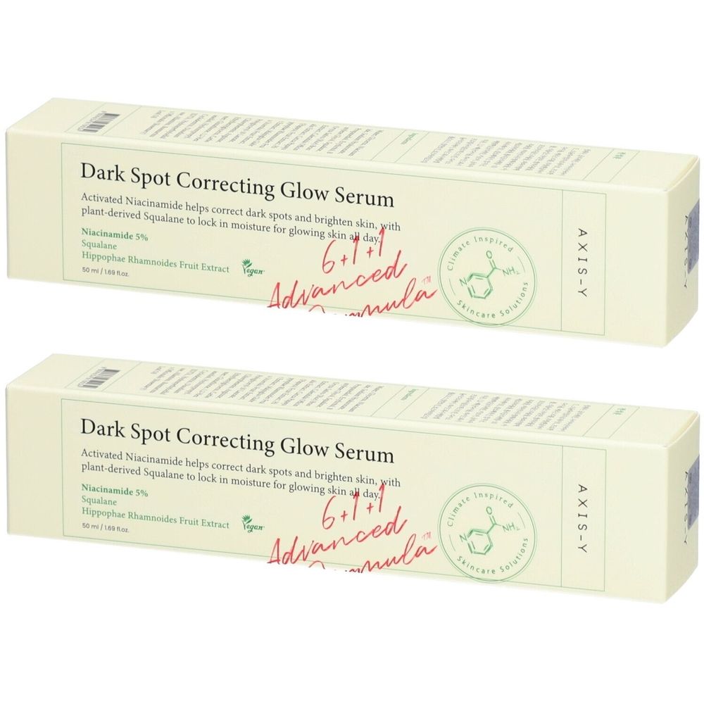 Zwei rechteckige Kartons. Aufschrift: Dark Spot Correcting Glow Serum. Marke: AXIS-Y. Mit Inhaltsstoffen und Zertifizierungen.