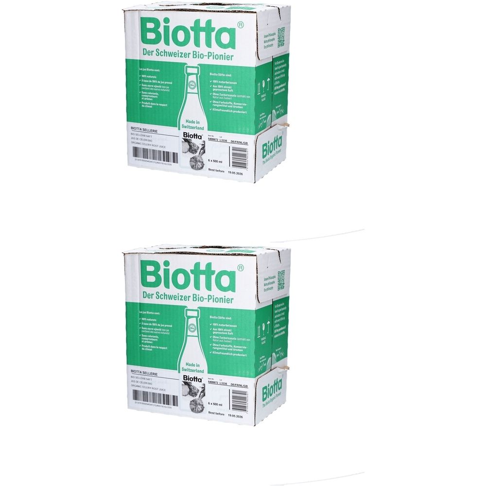 Zwei Kartons mit dem Logo "Biotta". Aufdrucke in Grün und Weiß. Text: Der Schweizer Bio-Pionier. Flaschenabbildung.