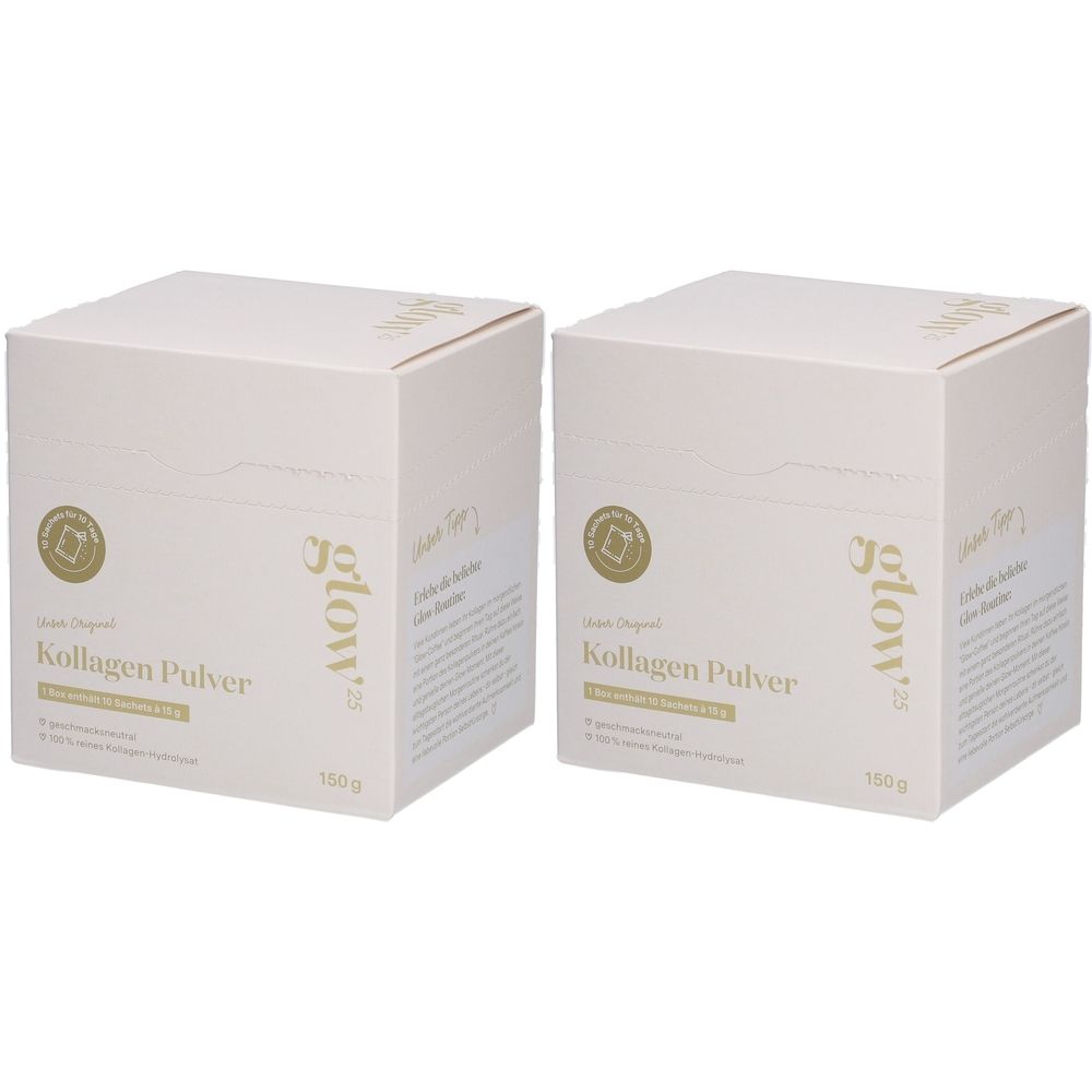 Deux boîtes blanches avec impression dorée. Inscription : Glow25 Kollagen Pulver. 150g.
