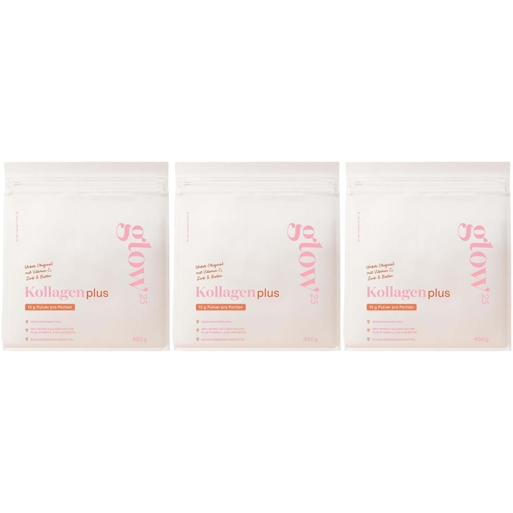 Trois sachets blancs avec texte rose. Inscription : Glow25, Kollagenplus, vitamine C, zinc, biotine. 450g.