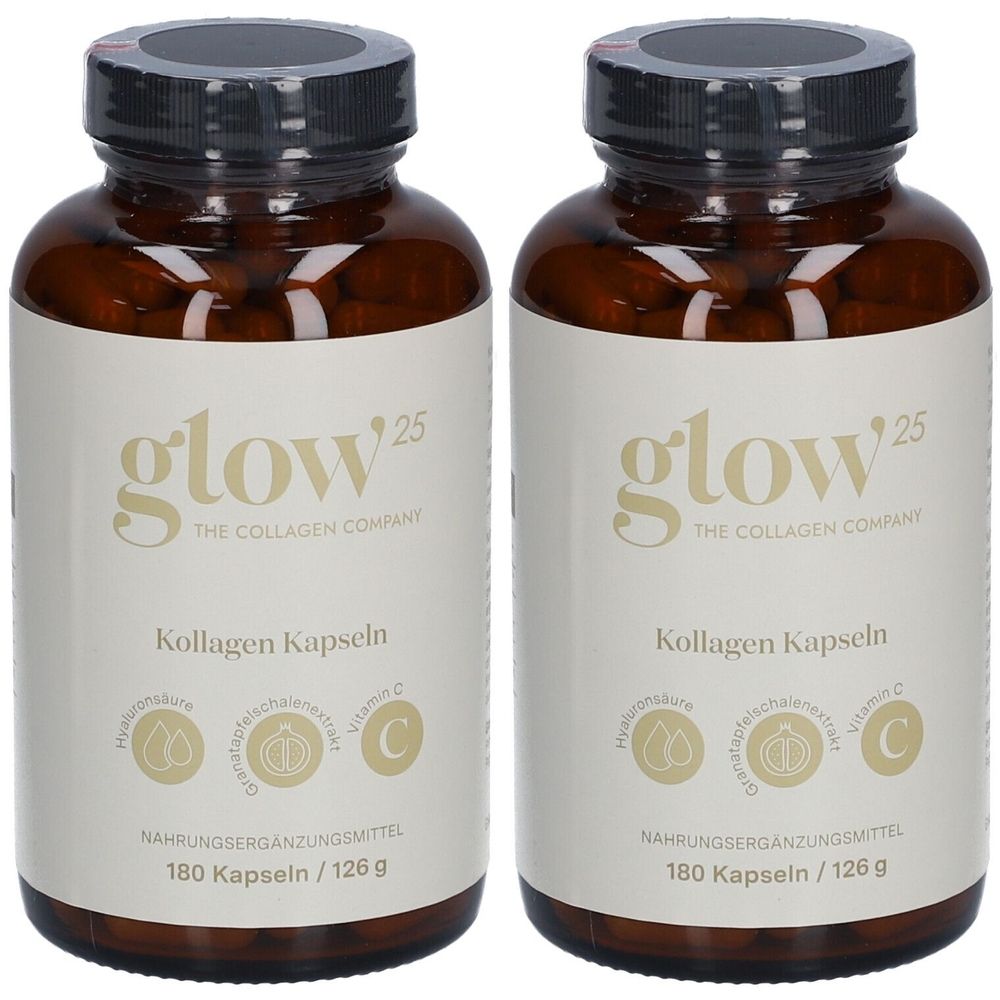 Deux flacons en verre brun avec des couvercles noirs. Les étiquettes indiquent "glow25" et "Kollagen Kapseln".