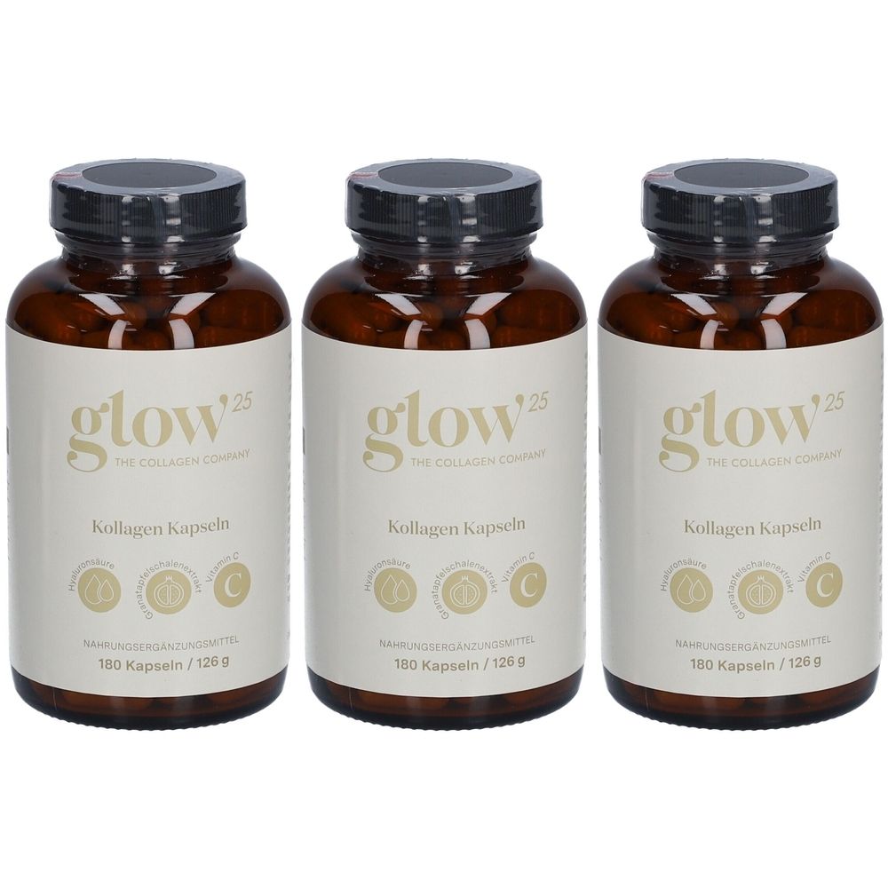 Trois flacons en verre brun avec des couvercles noirs. Les étiquettes indiquent "glow25" et "Kollagen Kapseln".