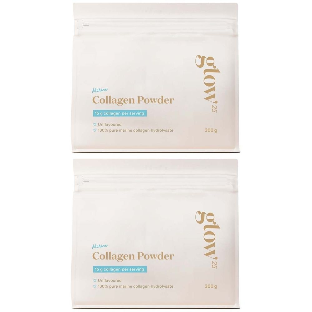 Deux sachets de poudre de collagène marin Glow25. Inscription : Collagen Powder, 10 g de collagène par portion, 100% hydrolysat de collagène marin pur.