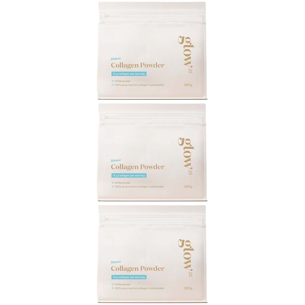 Trois sachets de poudre de collagène marin Glow25. Sachets blancs avec fermeture éclair, nom du produit et logo.