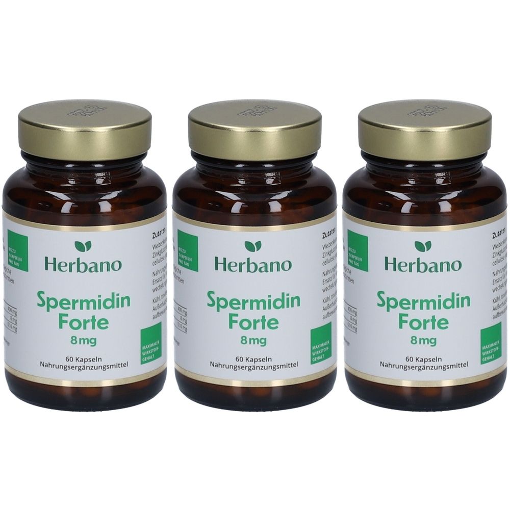 Trois flacons en verre brun avec des couvercles dorés. Les étiquettes indiquent "Herbano Spermidin Forte 8mg". Chaque flacon contient 60 gélules.