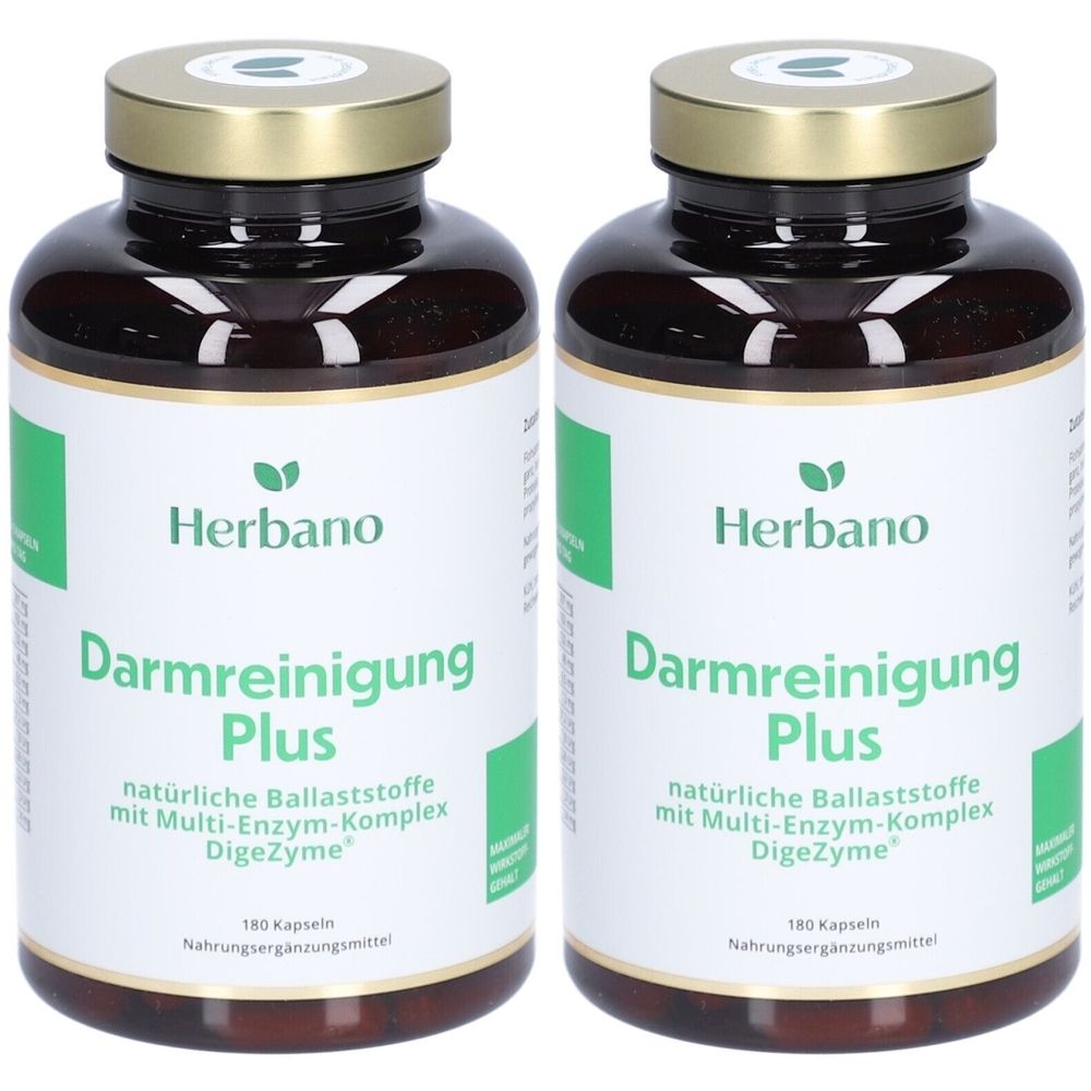 Deux flacons bruns avec des couvercles dorés. Les étiquettes indiquent "Herbano Darmreinigung Plus" et "180 Kapseln".