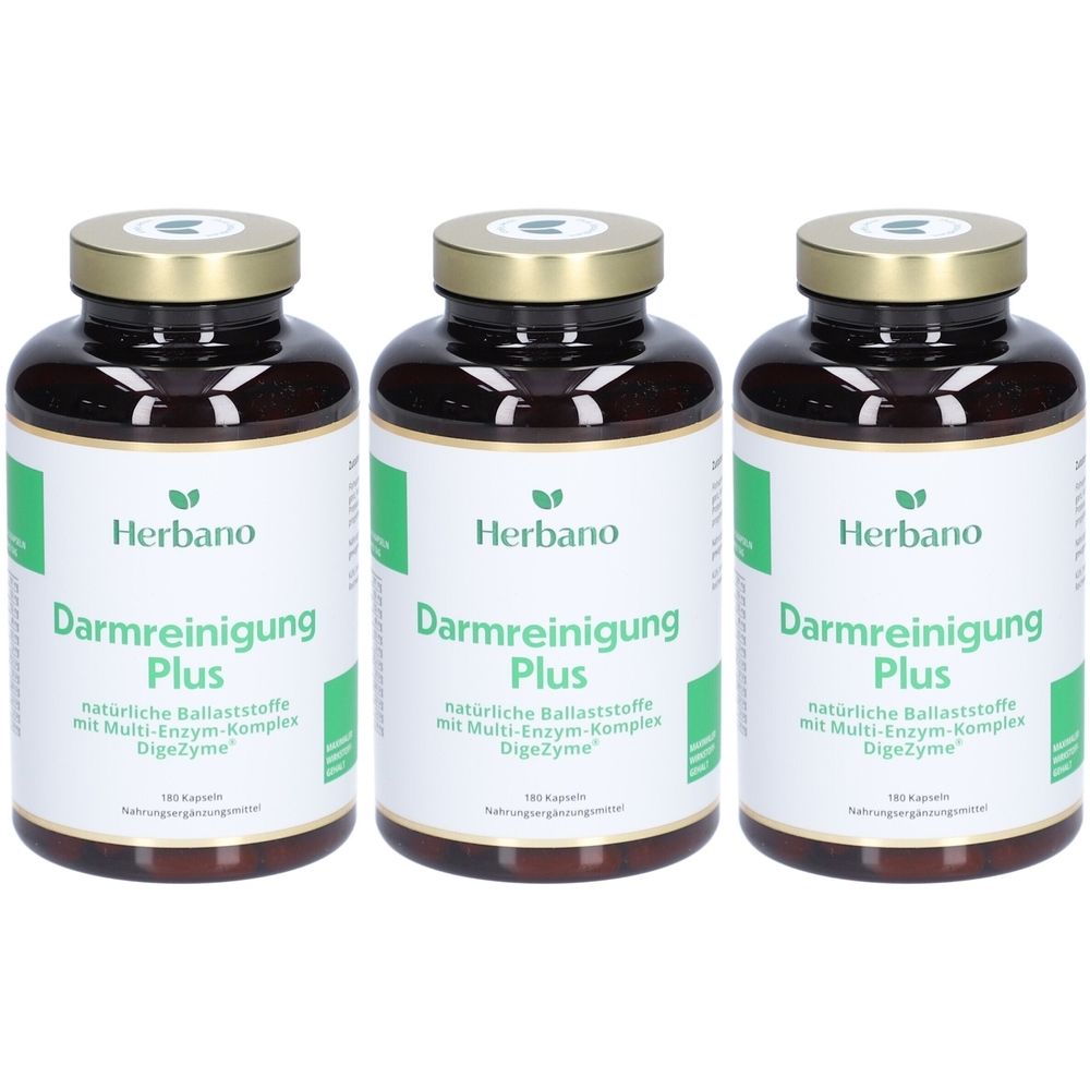 Trois flacons bruns avec des couvercles dorés. L'étiquette indique "Herbano Darmreinigung Plus".