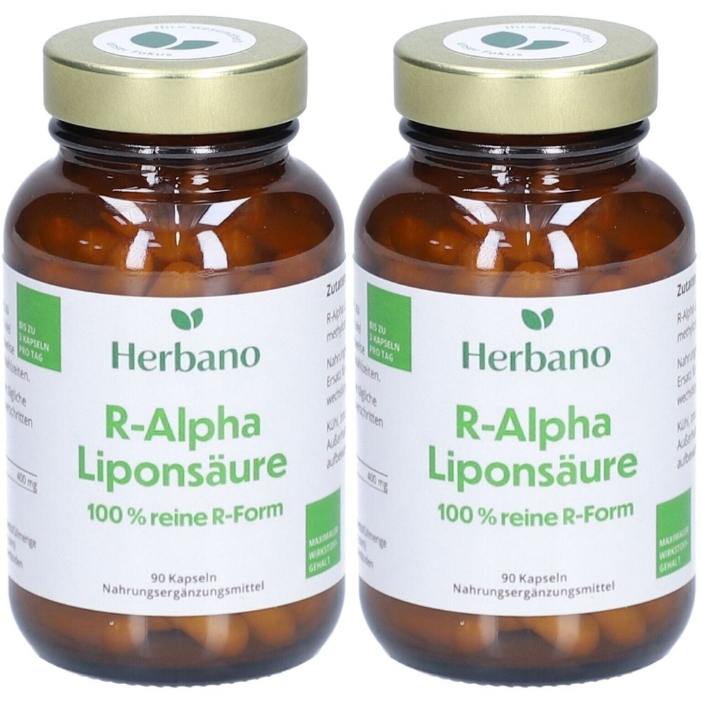 Zwei braune Glasflaschen mit goldfarbenen Deckeln. Auf den Etiketten steht "Herbano R-Alpha Liponsäure". Jede Flasche enthält 90 Kapseln.