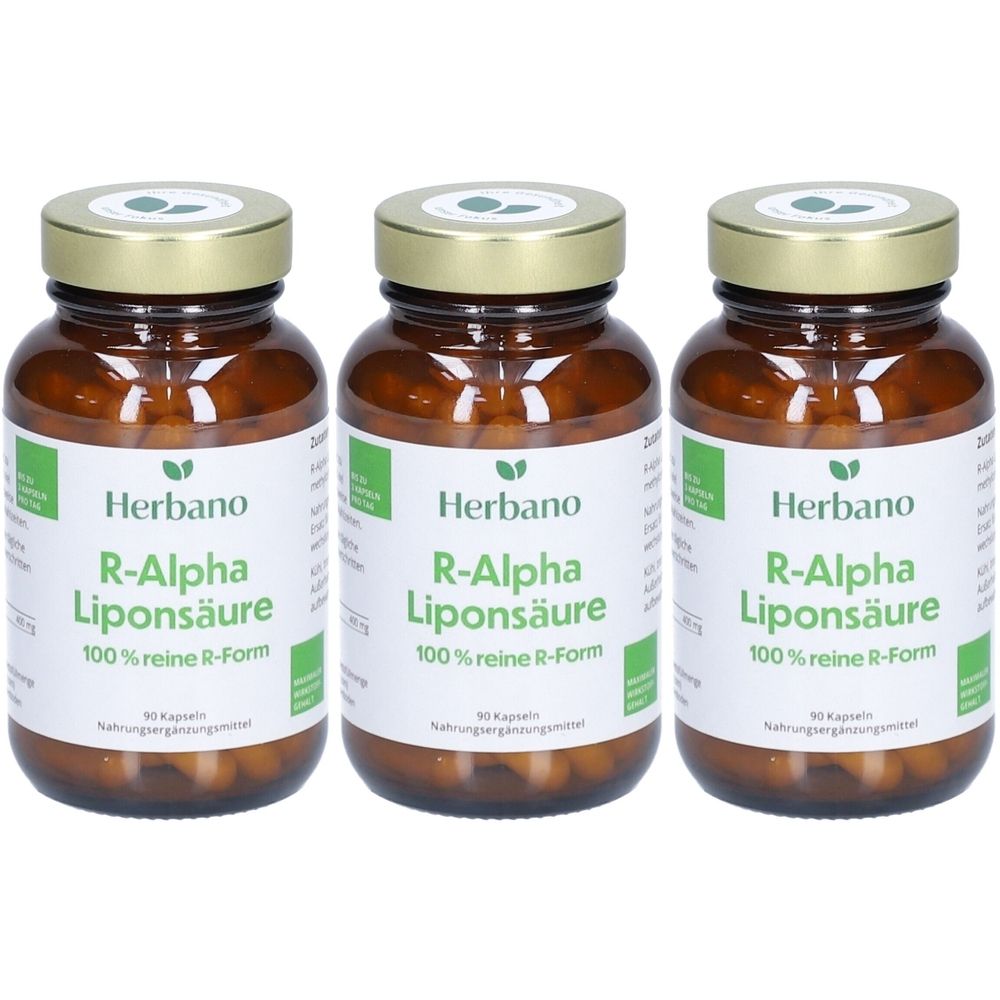 Drei braune Glasflaschen mit goldenen Deckeln. Etiketten mit "Herbano R-Alpha Liponsäure".