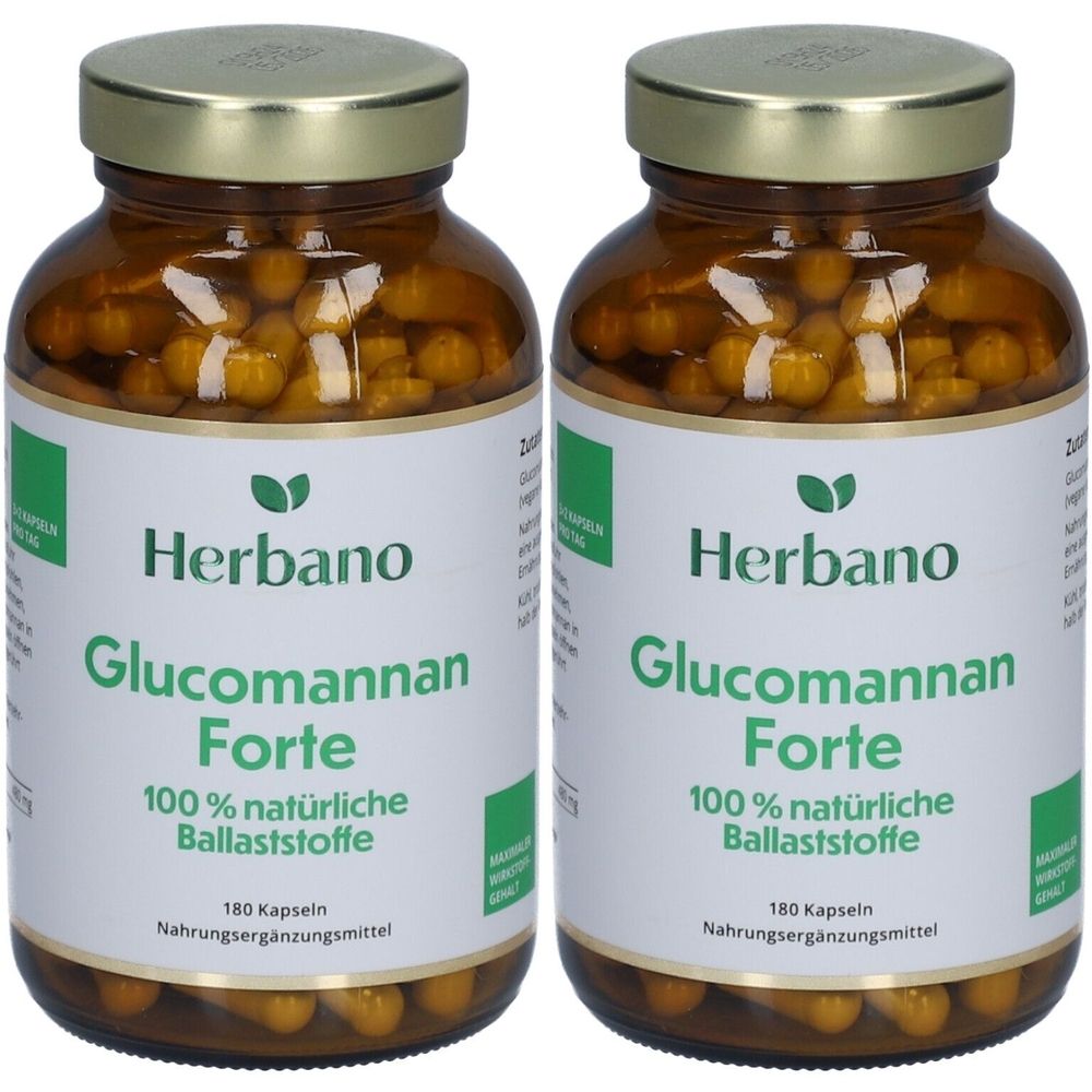 Deux flacons en verre brun avec des couvercles dorés. Les étiquettes indiquent "Herbano Glucomannan Forte" et "100% naturelle Ballaststoffe".