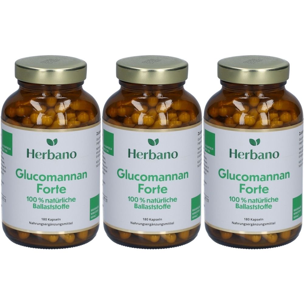 Drei Glasflaschen mit Kapseln. Auf den Etiketten steht "Herbano Glucomannan Forte" und "100% natürliche Ballaststoffe".