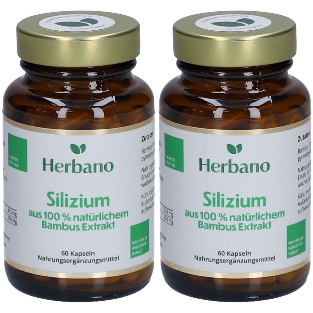 Zwei braune Glasflaschen mit goldenen Deckeln. Auf den Etiketten steht "Herbano Silizium aus Bambusextrakt".