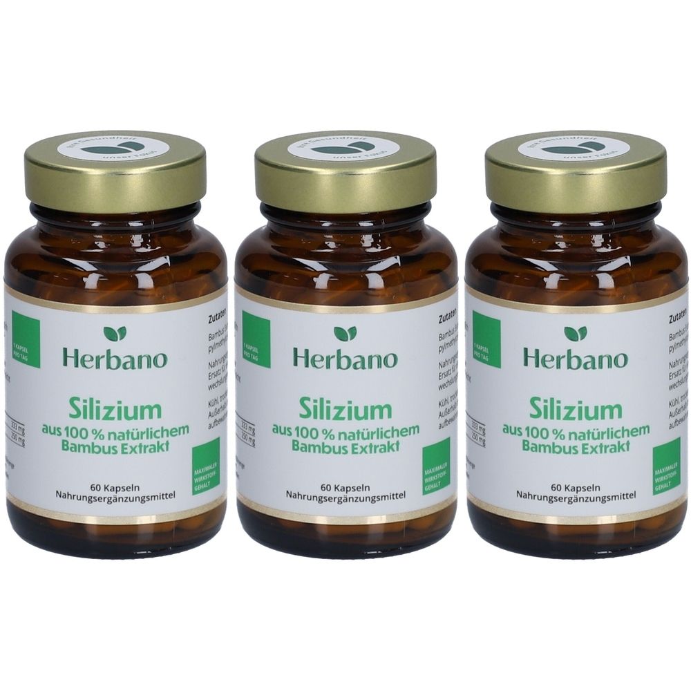Drei braune Glasflaschen mit goldenen Deckeln. Auf den Etiketten steht "Herbano Silizium aus 100% natürlichem Bambus Extrakt".