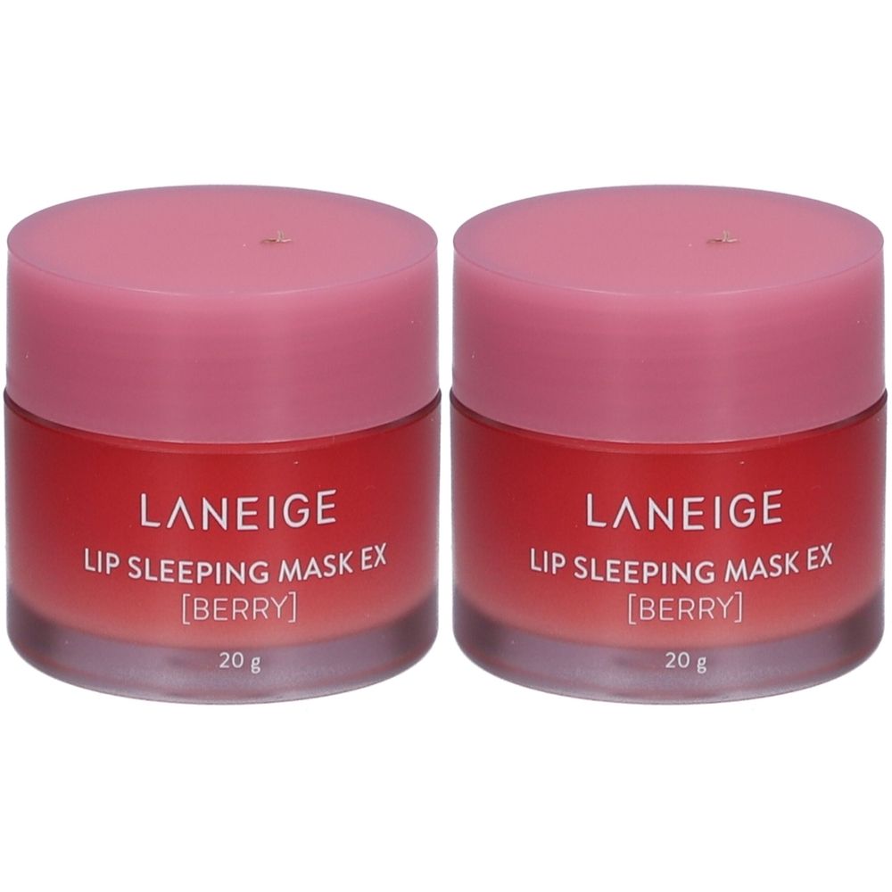 Zwei runde Behälter mit rosa Deckel. Auf der roten Basis steht "LANEIGE LIP SLEEPING MASK EX [BERRY] 20 g".