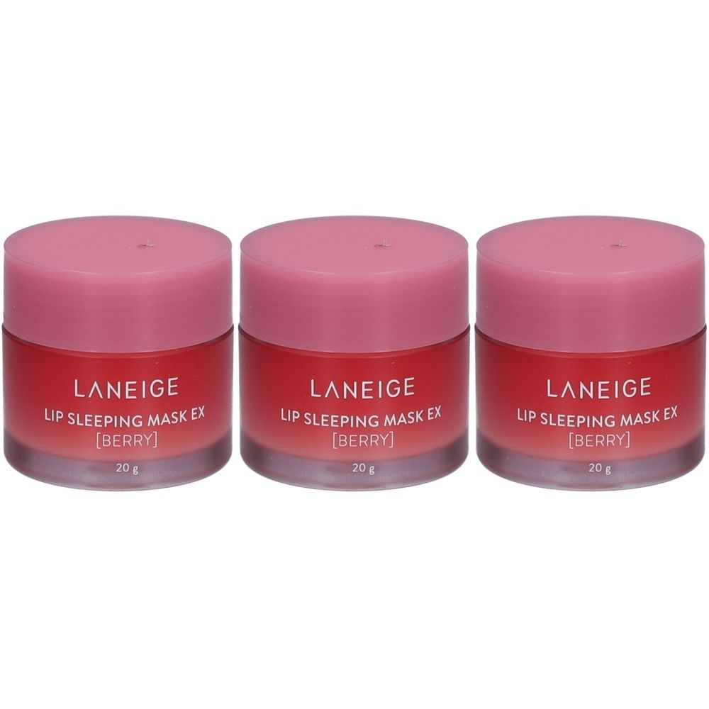 Drei Tiegel LA NEIGE Lippen-Schlafmaske. Rote Tiegel mit rosa Deckel. Aufschrift: LANEIGE, Lip Sleeping Mask EX [Berry], 20g.