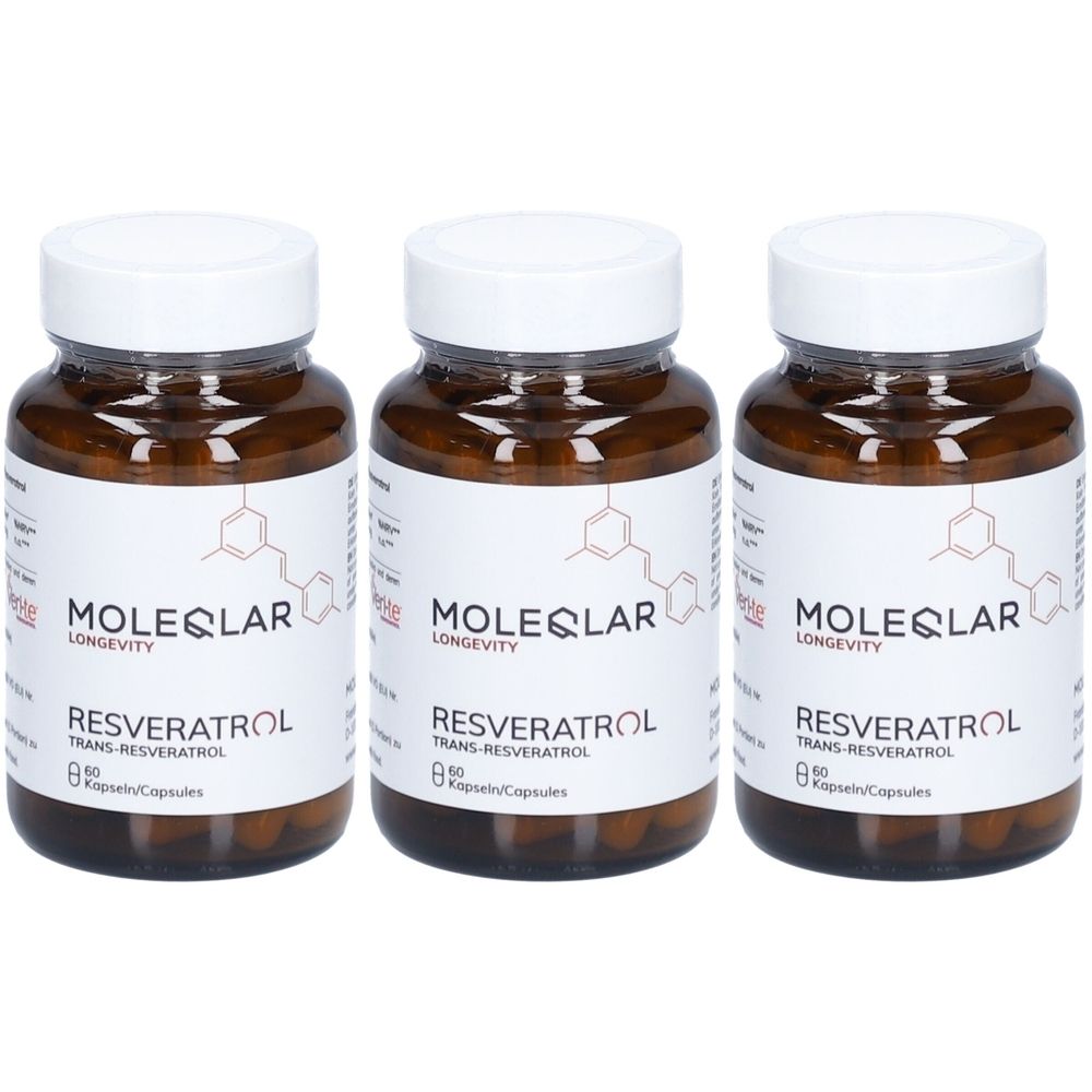 Trois flacons en verre brun avec des couvercles blancs. Les étiquettes indiquent "MOLEQLAR Longevity Resveratrol trans-Resveratrol". Chaque flacon contient 60 gélules.