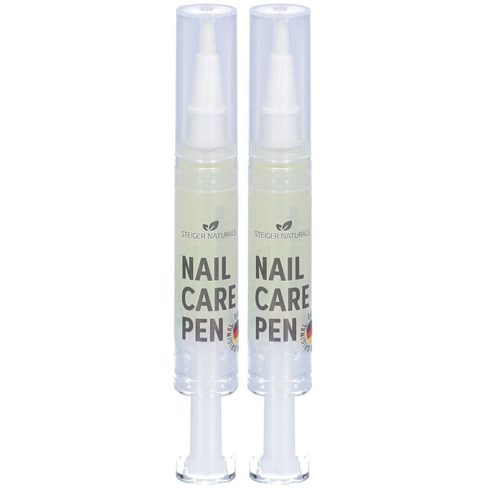 Zwei Stifte mit transparenten Kappen. Aufschrift: Nail Care Pen. Marke: Steiger Naturals.