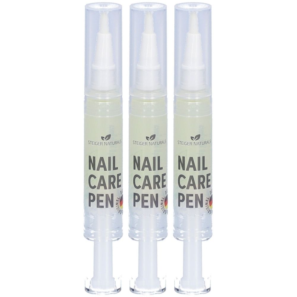 Drei Stifte mit durchsichtiger Kappe. Aufschrift: NAIL CARE PEN. Marke: Steiger Naturals.