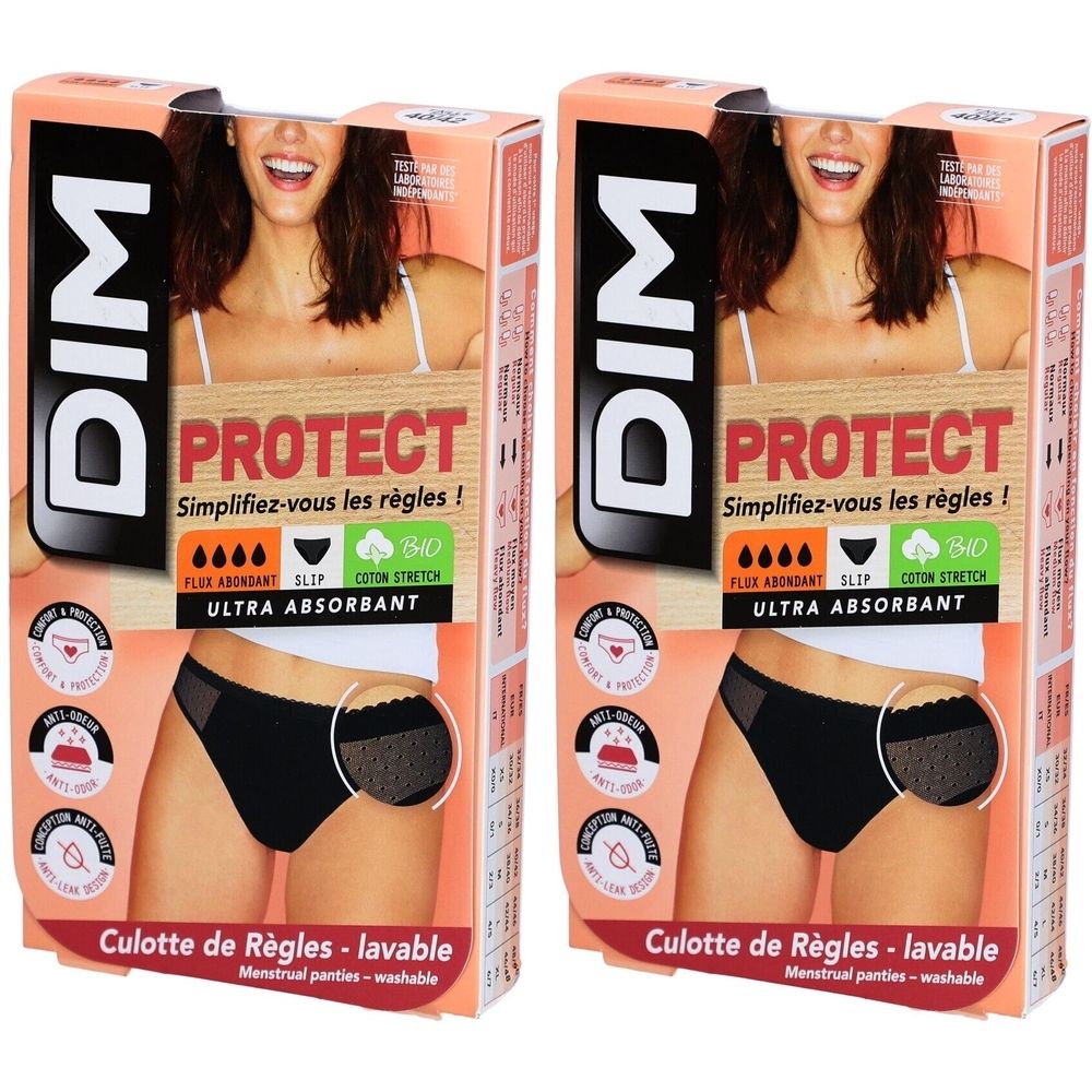 Verpackung mit zwei schwarzen Periodenunterhosen. Marke DIM, Modell Protect. Waschbar, ultra-absorbierend, Bio-Baumwolle.