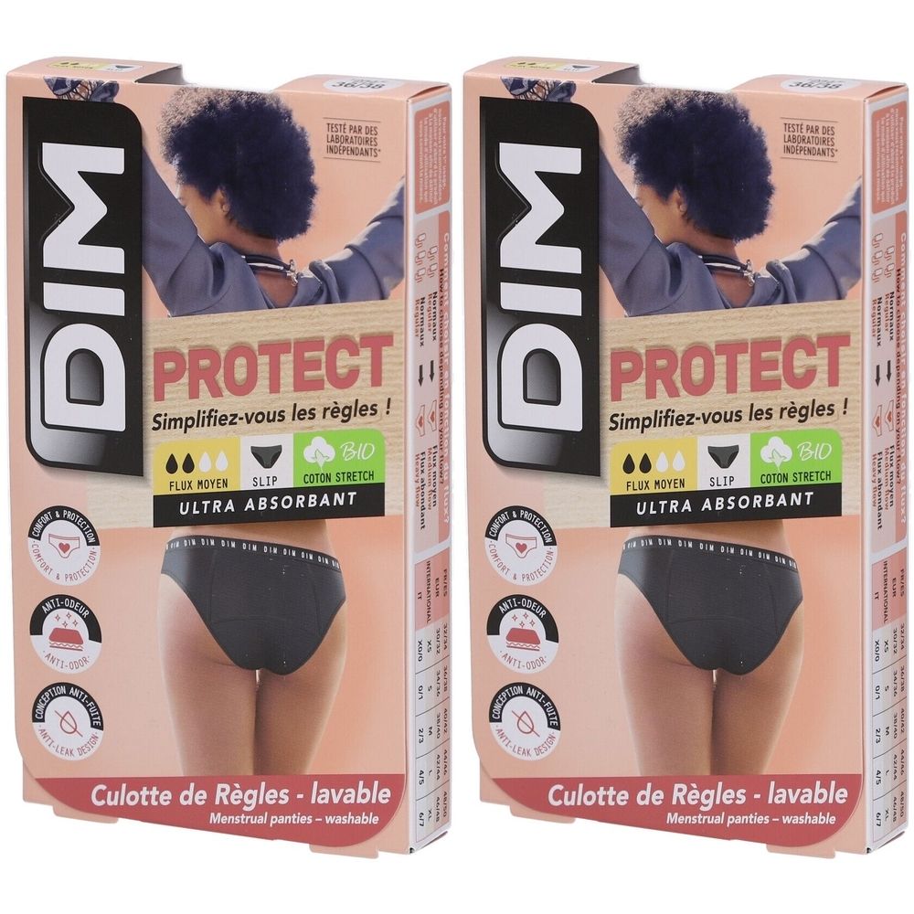 Deux boîtes de culottes menstruelles DIM Protect. Slips noirs, ultra-absorbants, coton bio. Inscription: Culotte de Règles - lavable.
