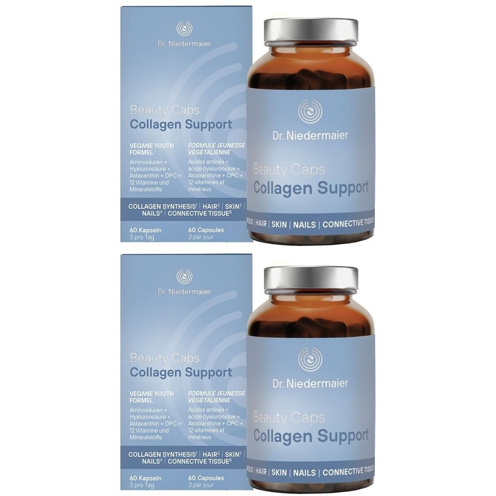 Deux flacons et boîtes de "Beauty Caps Collagen Support". Flacons en verre brun, emballage bleu avec informations sur le produit.