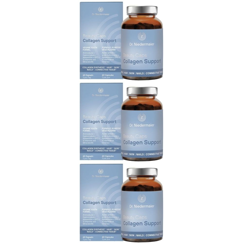 Trois flacons et boîtes. Les flacons indiquent "Dr. Niedermaier Beauty Caps Collagen Support".