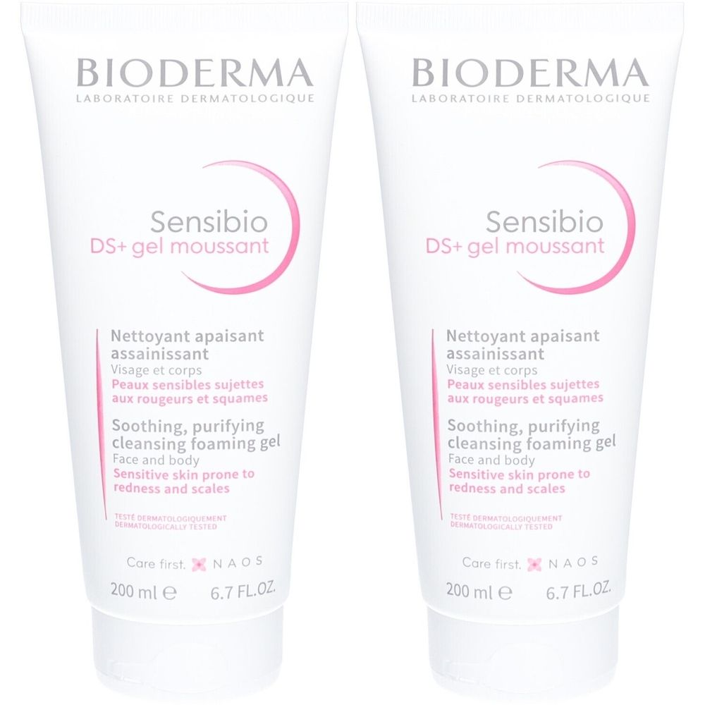 Zwei weiße Tuben mit rosa Akzenten. Aufschrift: BIODERMA, Sensibio DS+ gel moussant. Text in Französisch und Englisch.