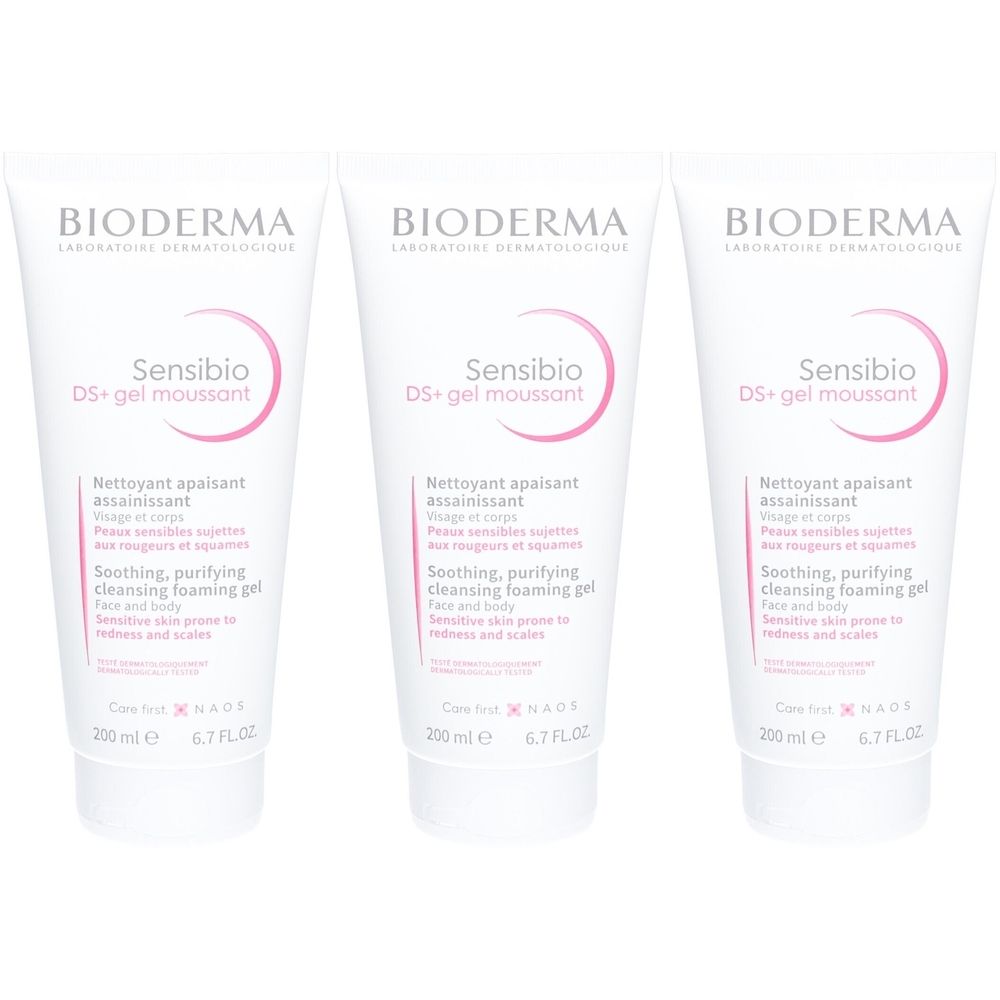 Drei Tuben Bioderma Sensibio DS+ Reinigungsgel. Weiße Tuben mit rosa Akzenten und Produktbezeichnungen. 200 ml.