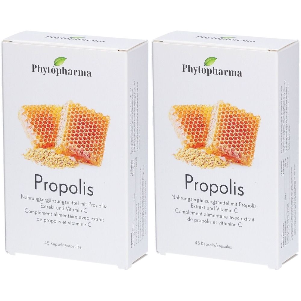 Deux boîtes blanches "Phytopharma Propolis". Illustration de rayons de miel. Texte: Complément alimentaire avec extrait de propolis et vitamine C.