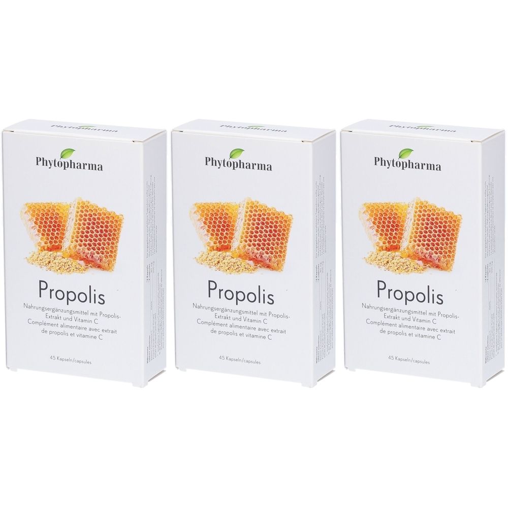 Trois boîtes blanches avec le nom du produit Propolis. Chaque boîte présente un motif en nid d'abeille et le nom de la marque Phytopharma.