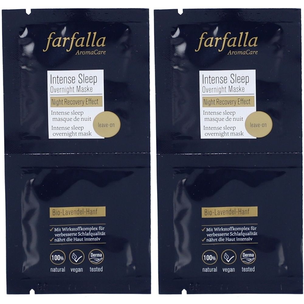 Quatre sachets de masque de nuit "Farfalla Intense Sleep". Contient du chanvre bio-lavande et une certification Derma.