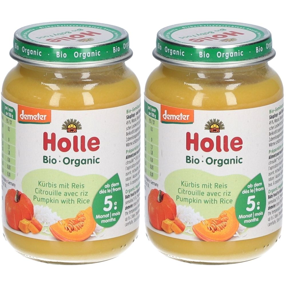 Zwei Gläser Holle Bio-Organic Kürbis mit Reis. Aufschrift: Kürbis mit Reis, Citrouille avec riz, Pumpkin with Rice. Ab dem 5. Monat.