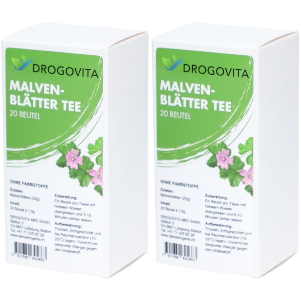 Zwei weiße Kartons mit grünen Etiketten. Aufschrift: DROGOVITA MALVEN-BLÄTTER TEE, 20 Beutel. Abbildung von Malvenblüten.