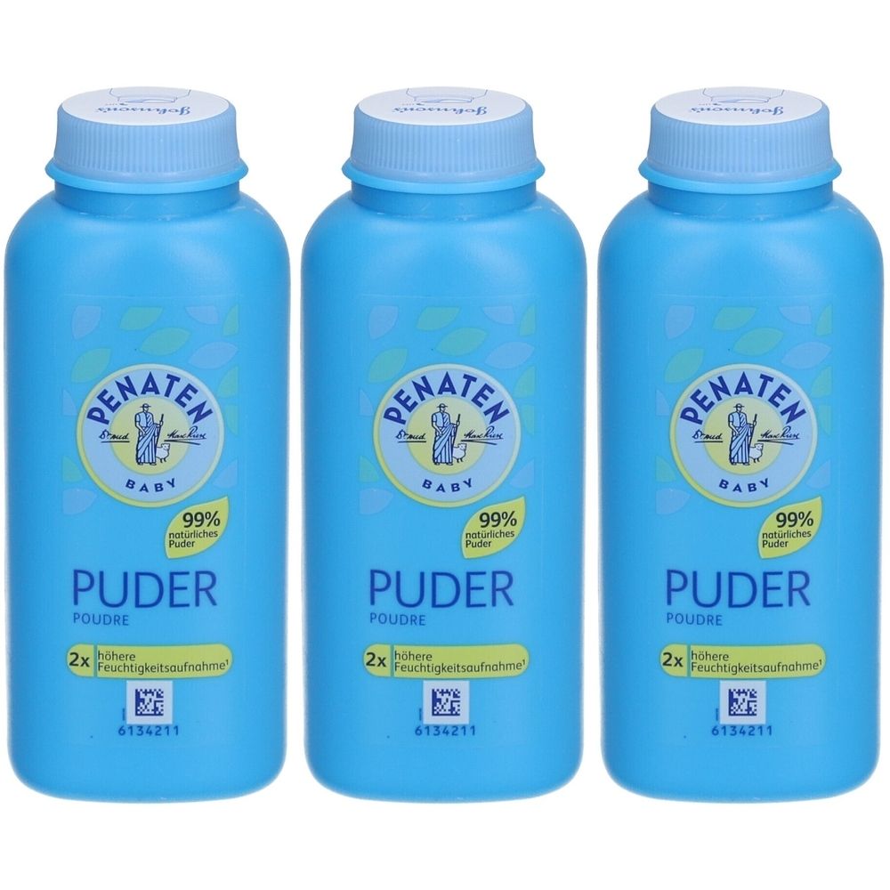 Trois flacons bleus de poudre Penaten Baby. Inscription: Penaten Baby, Poudre, 99% poudre naturelle. 2x absorption d'humidité.
