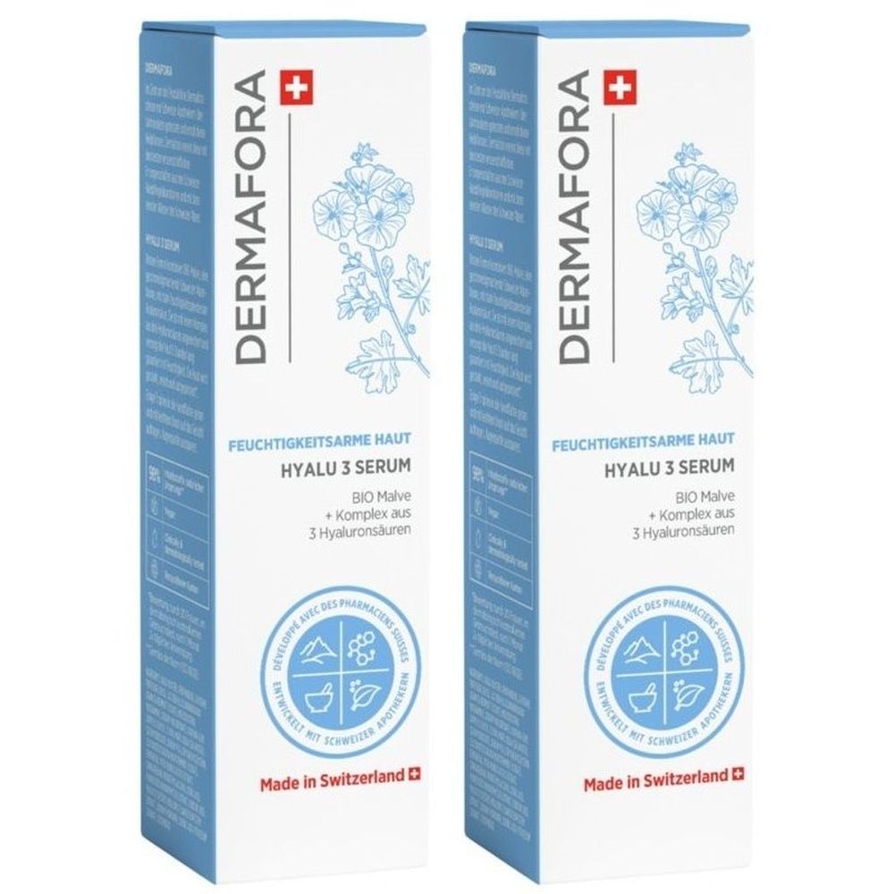 Zwei Schachteln DERMAFORA Serum. Aufschrift: HYALU 3 SERUM, BIO Malve, Komplex aus 3 Hyaluronsäuren. Hergestellt in der Schweiz.