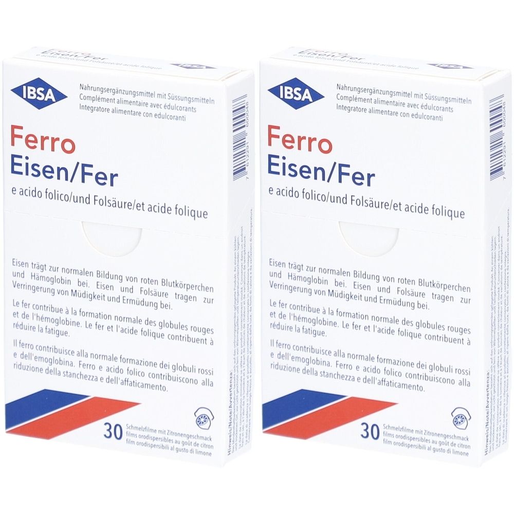 Deux boîtes blanches avec "Ferro Eisen/Fer". Contient 30 comprimés. Marque IBSA.