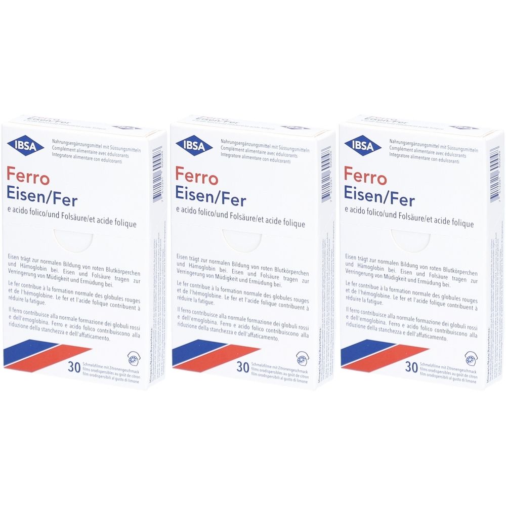 Trois boîtes de "Ferro Eisen/Fer". Chaque boîte porte le logo IBSA et le chiffre 30.