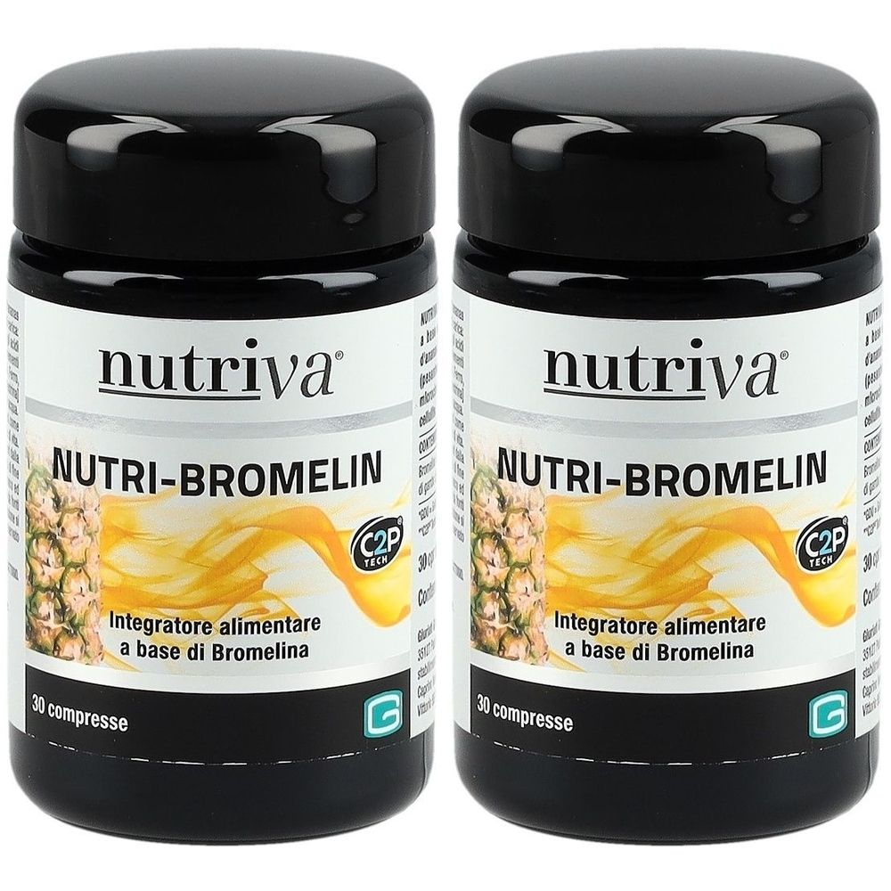 Zwei schwarze Flaschen mit weißem Etikett. Aufschrift: Nutriva, Nutri-Bromelin, 30 Tabletten. Abbildung von Ananas.