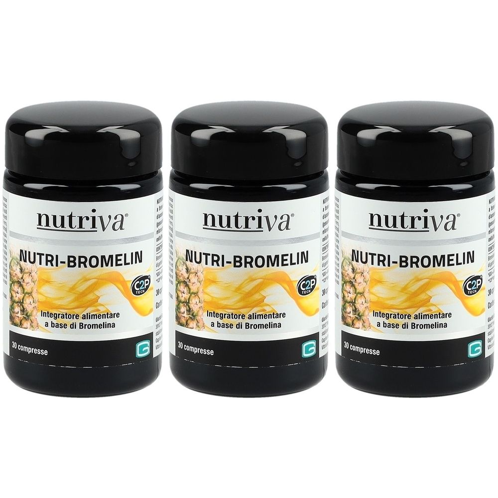 Drei schwarze Flaschen mit weißem Etikett. Aufschrift: Nutriva, Nutri-Bromelin. Abbildung von Ananas.