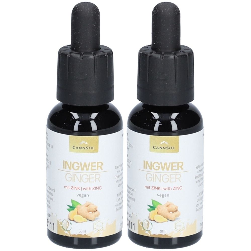 Zwei Flaschen mit schwarzem Glas und Dosierpipette. Auf den Etiketten steht "INGWER GINGER mit ZINK" und "CANNSOL".