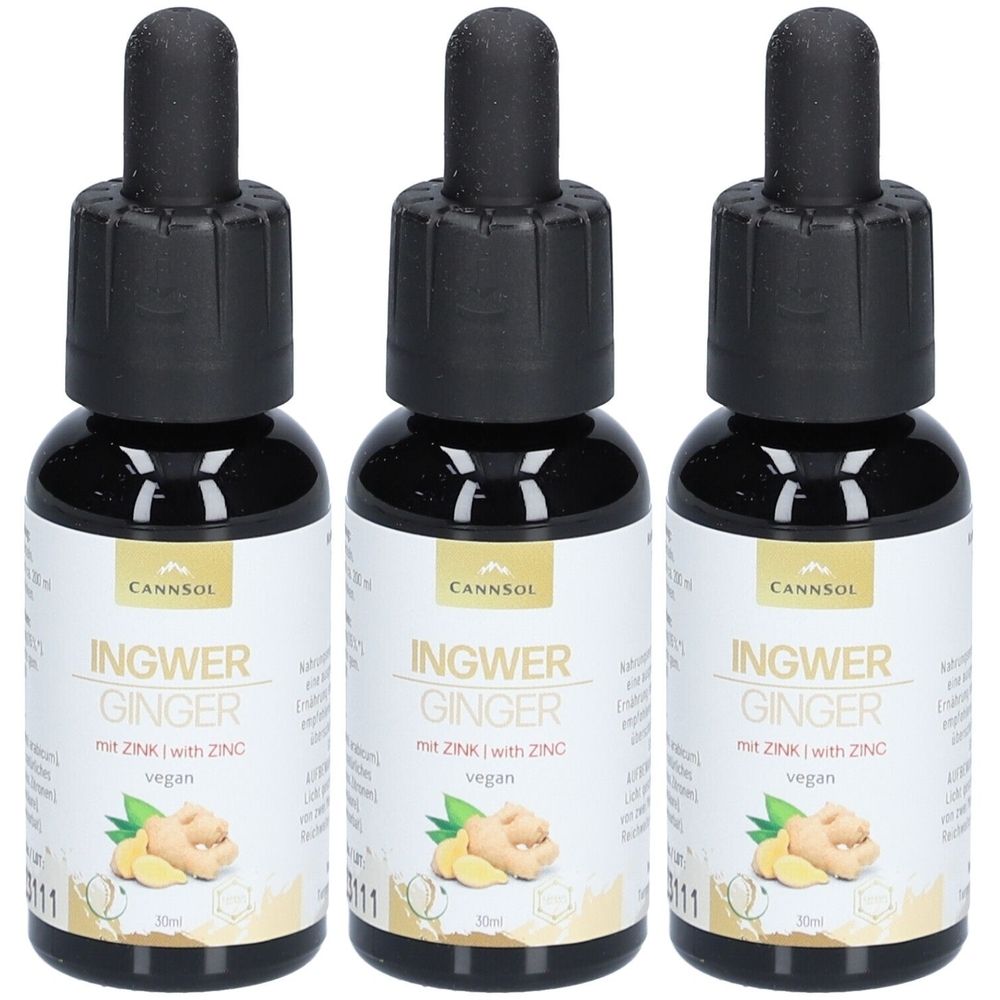 Drei Flaschen mit schwarzen Deckeln. Auf den Etiketten steht "INGWER GINGER mit ZINK". Marke: CANNSOL. Vegan.