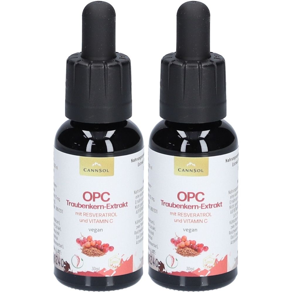 Deux flacons avec bouchons noirs et étiquettes. Inscription : CANNSOL OPC Extrait de pépins de raisin avec Resvératrol et Vitamine C. Vegan.