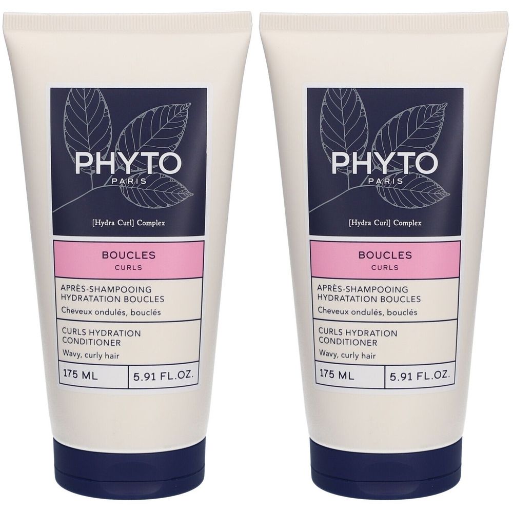 Deux tubes de revitalisant pour boucles. Blancs, étiquettes roses et bleu foncé. Marque : PHYTO PARIS. Texte : BOUCLES, 175 ml, 5.91 FL.OZ.