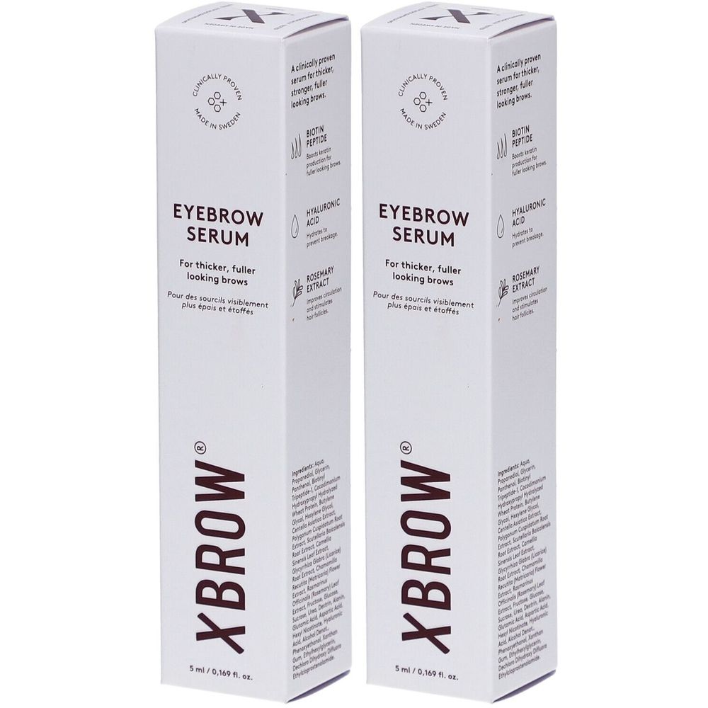 Zwei weiße Produktverpackungen mit Aufschrift 'EYEBROW SERUM'. Enthält Inhaltsstoffe wie Hyaluronsäure und Rosmarinextrakt.