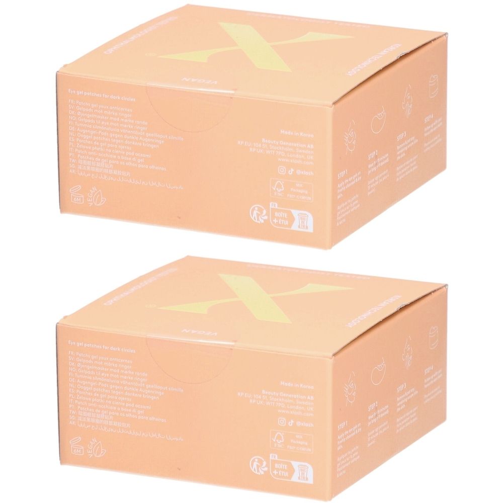 Zwei quadratische, hellbraune Kartons. Auf der Oberseite ist ein gelbes "X" abgebildet. Auf den Seiten sind Text und Logos zu sehen.