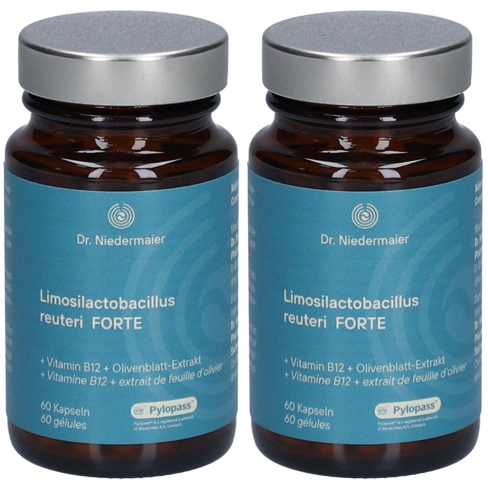 Zwei Flaschen mit Kapseln. Aufschrift: Dr. Niedermaier, Limosilactobacillus reuteri FORTE, Vitamin B12, Olivenblatt-Extrakt. 60 Kapseln.