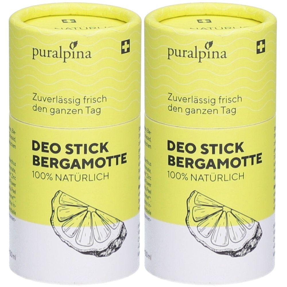 Deux sticks déodorants cylindriques. Emballage jaune avec texte et illustration de citron. Marque : puralpina. Texte : Deo Stick Bergamotte, 100% naturel.